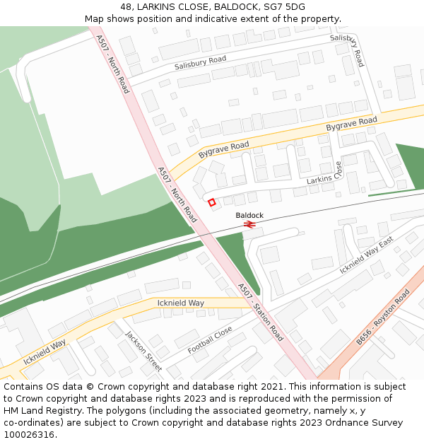 48, LARKINS CLOSE, BALDOCK, SG7 5DG: Location map and indicative extent of plot