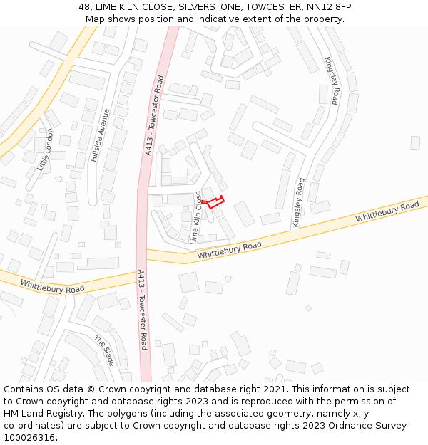 48, LIME KILN CLOSE, SILVERSTONE, TOWCESTER, NN12 8FP: Location map and indicative extent of plot