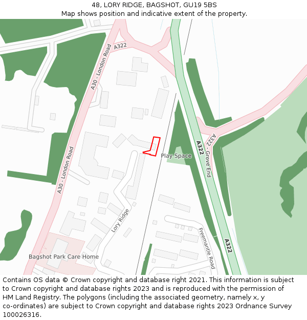 48, LORY RIDGE, BAGSHOT, GU19 5BS: Location map and indicative extent of plot