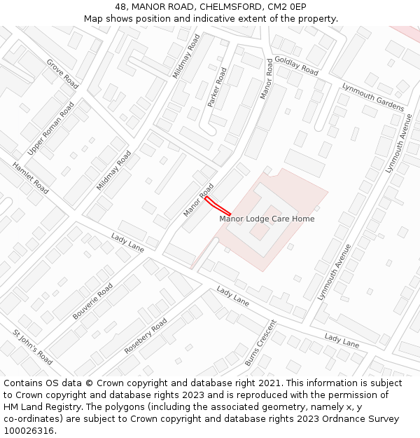 48, MANOR ROAD, CHELMSFORD, CM2 0EP: Location map and indicative extent of plot