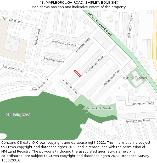48, MARLBOROUGH ROAD, SHIPLEY, BD18 3NX: Location map and indicative extent of plot