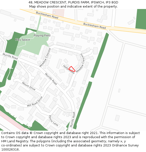 48, MEADOW CRESCENT, PURDIS FARM, IPSWICH, IP3 8GD: Location map and indicative extent of plot