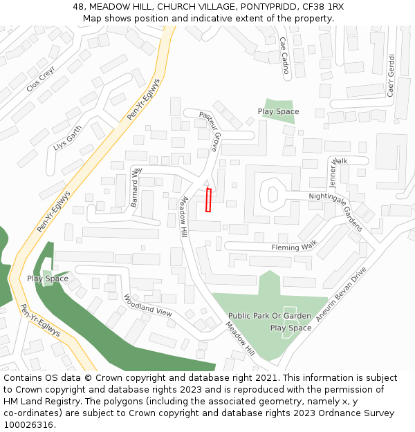 48, MEADOW HILL, CHURCH VILLAGE, PONTYPRIDD, CF38 1RX: Location map and indicative extent of plot