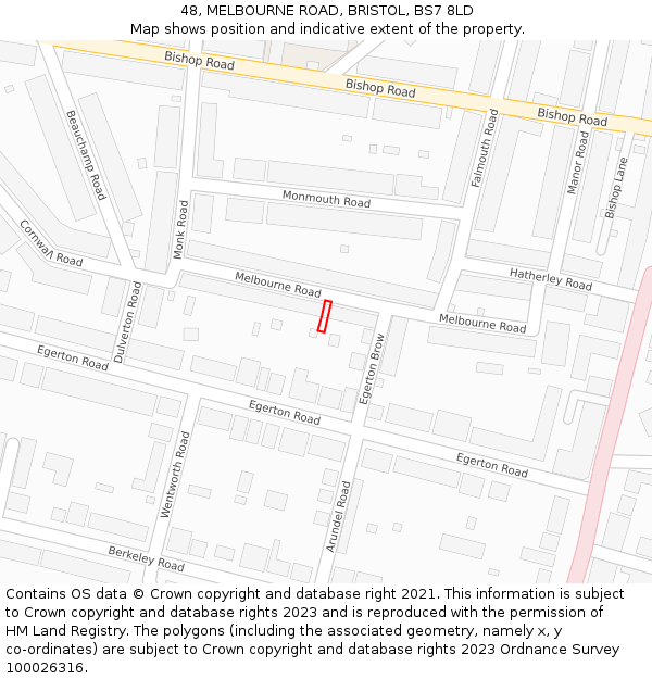 48, MELBOURNE ROAD, BRISTOL, BS7 8LD: Location map and indicative extent of plot