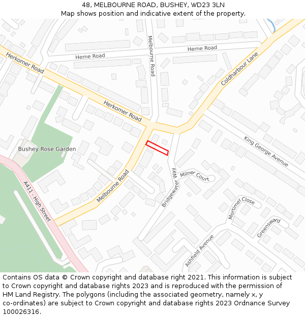 48, MELBOURNE ROAD, BUSHEY, WD23 3LN: Location map and indicative extent of plot