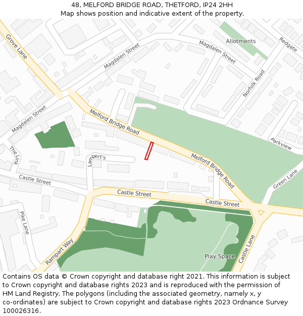 48, MELFORD BRIDGE ROAD, THETFORD, IP24 2HH: Location map and indicative extent of plot