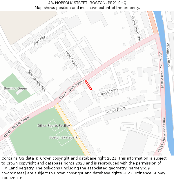 48, NORFOLK STREET, BOSTON, PE21 9HQ: Location map and indicative extent of plot