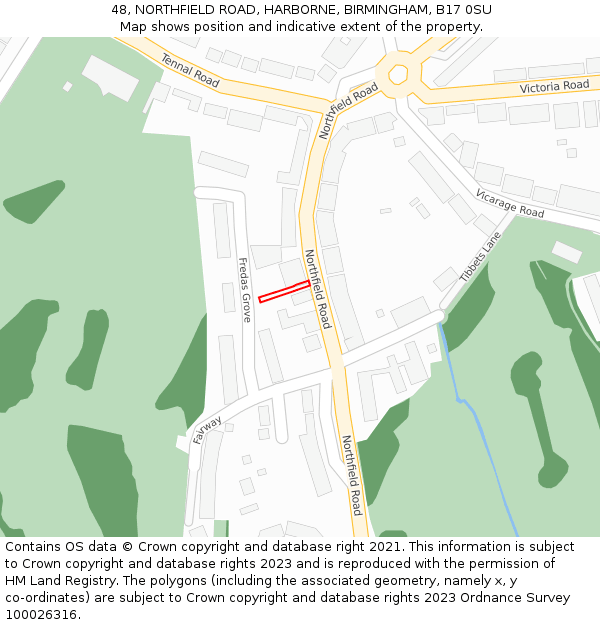 48, NORTHFIELD ROAD, HARBORNE, BIRMINGHAM, B17 0SU: Location map and indicative extent of plot