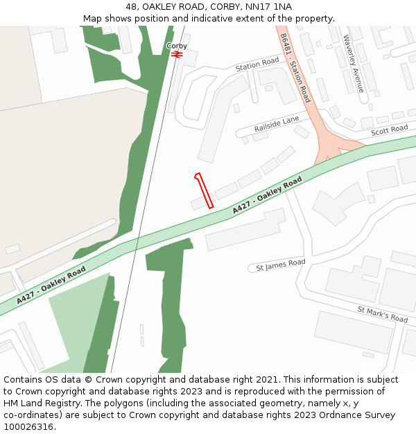48, OAKLEY ROAD, CORBY, NN17 1NA: Location map and indicative extent of plot