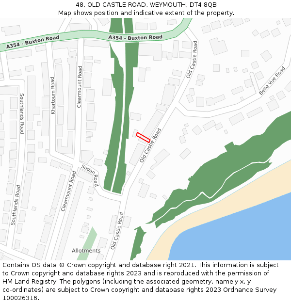 48, OLD CASTLE ROAD, WEYMOUTH, DT4 8QB: Location map and indicative extent of plot