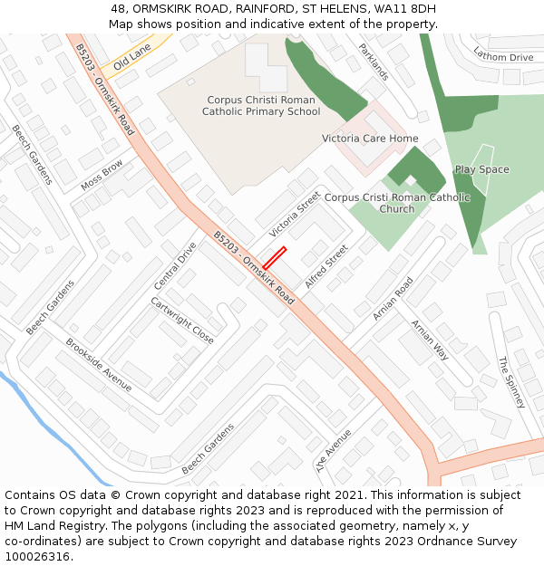 48, ORMSKIRK ROAD, RAINFORD, ST HELENS, WA11 8DH: Location map and indicative extent of plot