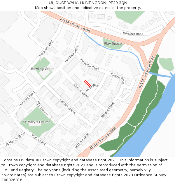 48, OUSE WALK, HUNTINGDON, PE29 3QN: Location map and indicative extent of plot