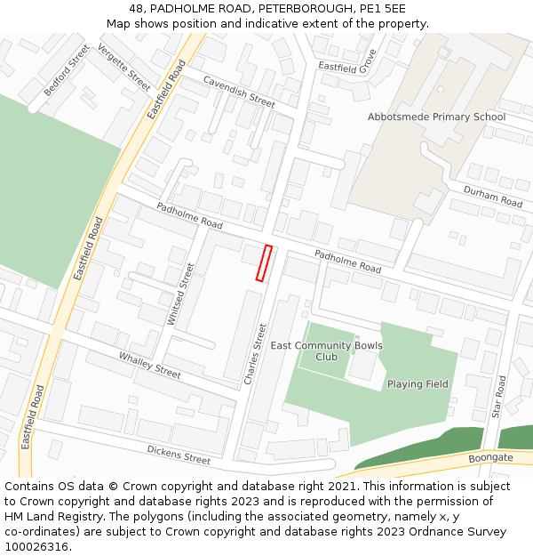 48, PADHOLME ROAD, PETERBOROUGH, PE1 5EE: Location map and indicative extent of plot