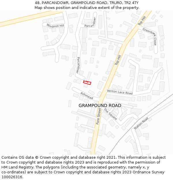 48, PARCANDOWR, GRAMPOUND ROAD, TRURO, TR2 4TY: Location map and indicative extent of plot