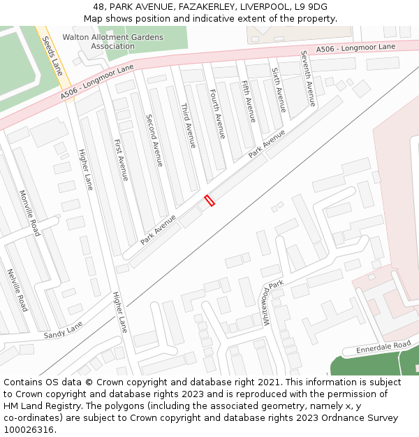 48, PARK AVENUE, FAZAKERLEY, LIVERPOOL, L9 9DG: Location map and indicative extent of plot
