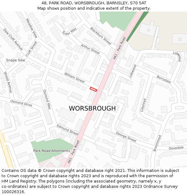 48, PARK ROAD, WORSBROUGH, BARNSLEY, S70 5AT: Location map and indicative extent of plot
