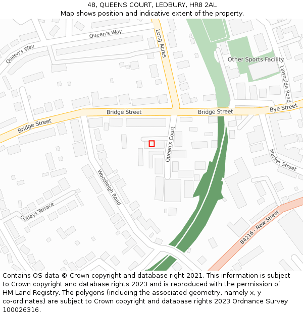 48, QUEENS COURT, LEDBURY, HR8 2AL: Location map and indicative extent of plot