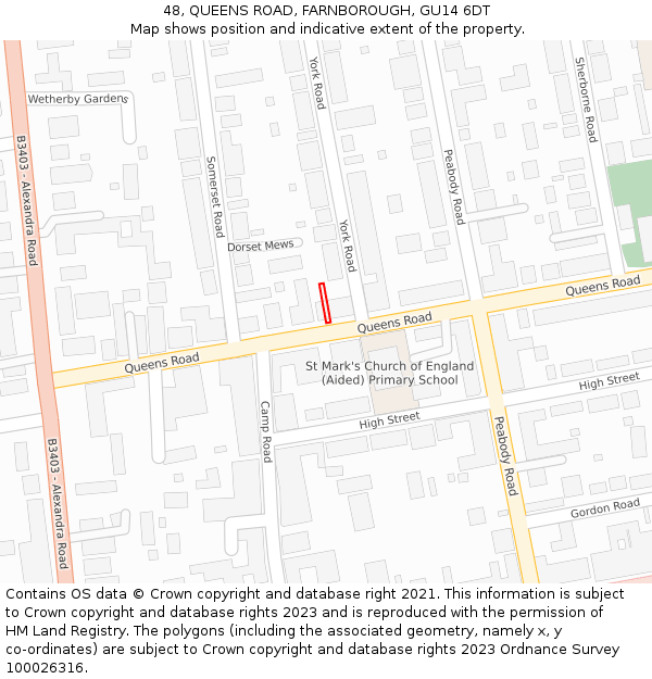 48, QUEENS ROAD, FARNBOROUGH, GU14 6DT: Location map and indicative extent of plot