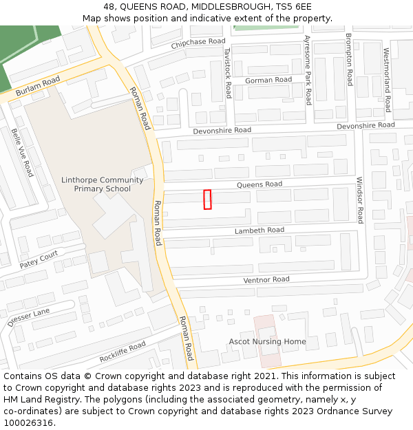 48, QUEENS ROAD, MIDDLESBROUGH, TS5 6EE: Location map and indicative extent of plot