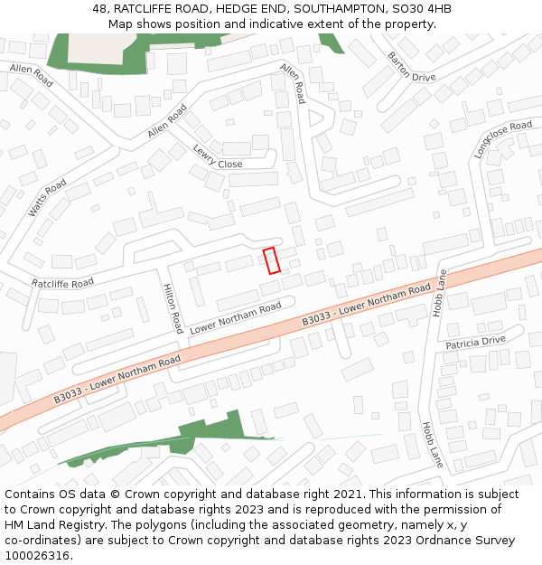 48, RATCLIFFE ROAD, HEDGE END, SOUTHAMPTON, SO30 4HB: Location map and indicative extent of plot
