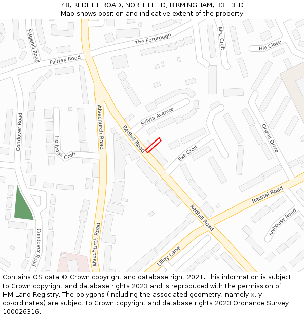 48, REDHILL ROAD, NORTHFIELD, BIRMINGHAM, B31 3LD: Location map and indicative extent of plot