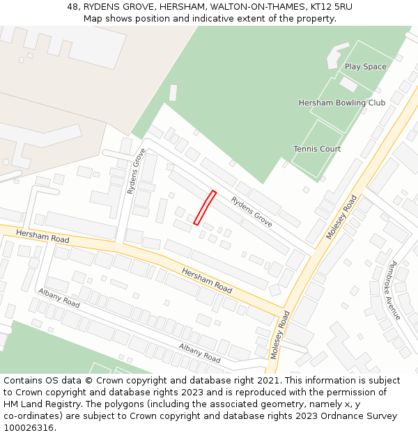 48, RYDENS GROVE, HERSHAM, WALTON-ON-THAMES, KT12 5RU: Location map and indicative extent of plot