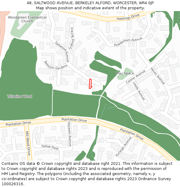 48, SALTWOOD AVENUE, BERKELEY ALFORD, WORCESTER, WR4 0JP: Location map and indicative extent of plot