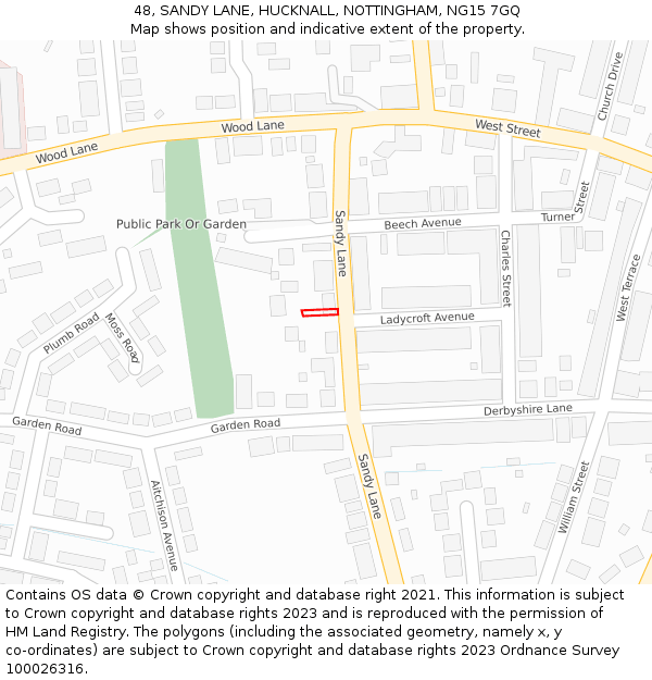 48, SANDY LANE, HUCKNALL, NOTTINGHAM, NG15 7GQ: Location map and indicative extent of plot