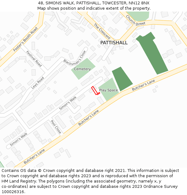 48, SIMONS WALK, PATTISHALL, TOWCESTER, NN12 8NX: Location map and indicative extent of plot