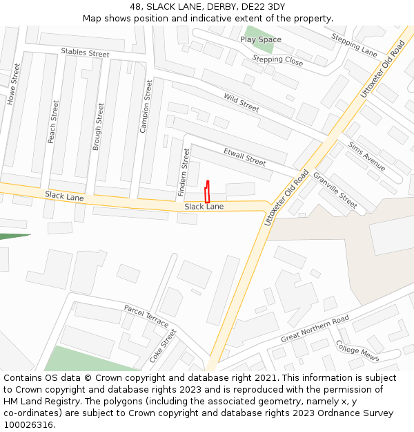 48, SLACK LANE, DERBY, DE22 3DY: Location map and indicative extent of plot