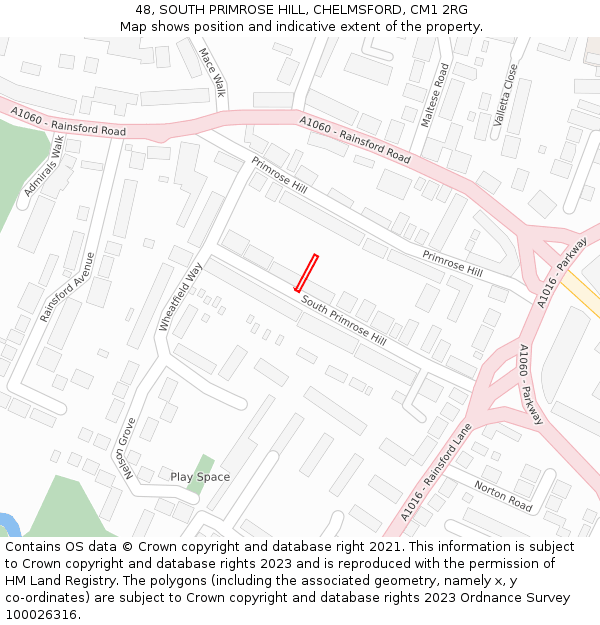 48, SOUTH PRIMROSE HILL, CHELMSFORD, CM1 2RG: Location map and indicative extent of plot