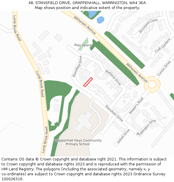 48, STANSFIELD DRIVE, GRAPPENHALL, WARRINGTON, WA4 3EA: Location map and indicative extent of plot