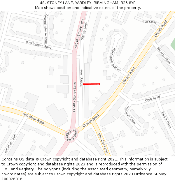 48, STONEY LANE, YARDLEY, BIRMINGHAM, B25 8YP: Location map and indicative extent of plot