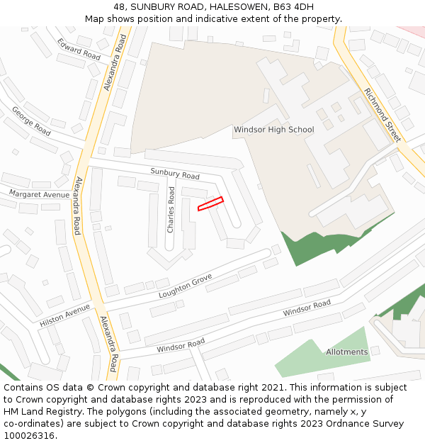 48, SUNBURY ROAD, HALESOWEN, B63 4DH: Location map and indicative extent of plot