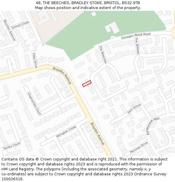 48, THE BEECHES, BRADLEY STOKE, BRISTOL, BS32 9TB: Location map and indicative extent of plot