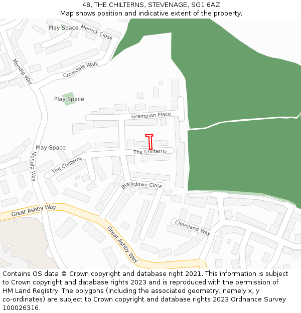 48, THE CHILTERNS, STEVENAGE, SG1 6AZ: Location map and indicative extent of plot
