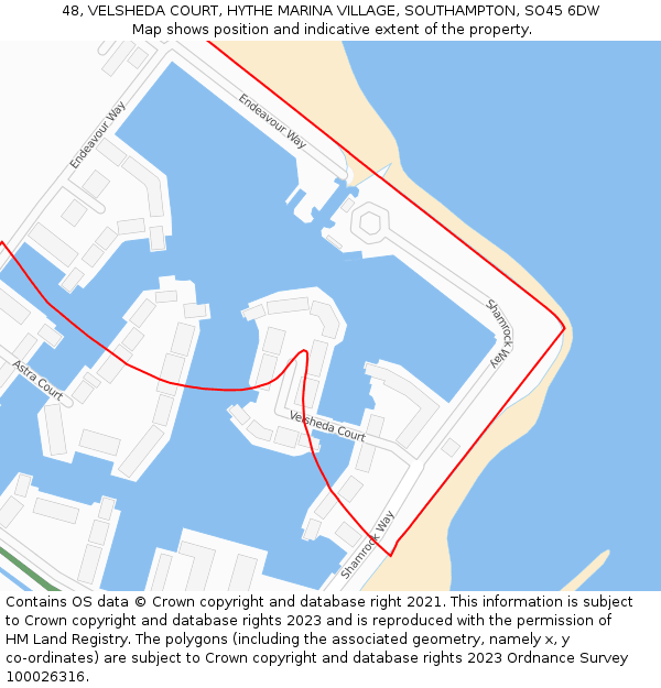 48, VELSHEDA COURT, HYTHE MARINA VILLAGE, SOUTHAMPTON, SO45 6DW: Location map and indicative extent of plot