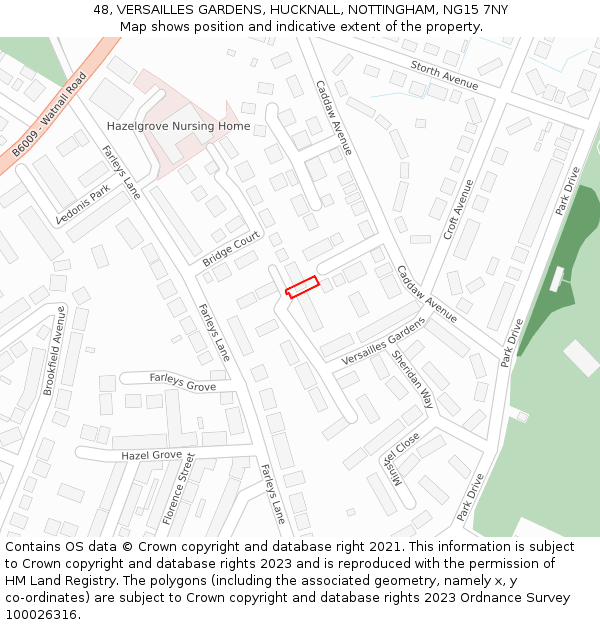 48, VERSAILLES GARDENS, HUCKNALL, NOTTINGHAM, NG15 7NY: Location map and indicative extent of plot