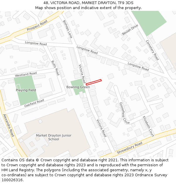 48, VICTORIA ROAD, MARKET DRAYTON, TF9 3DS: Location map and indicative extent of plot