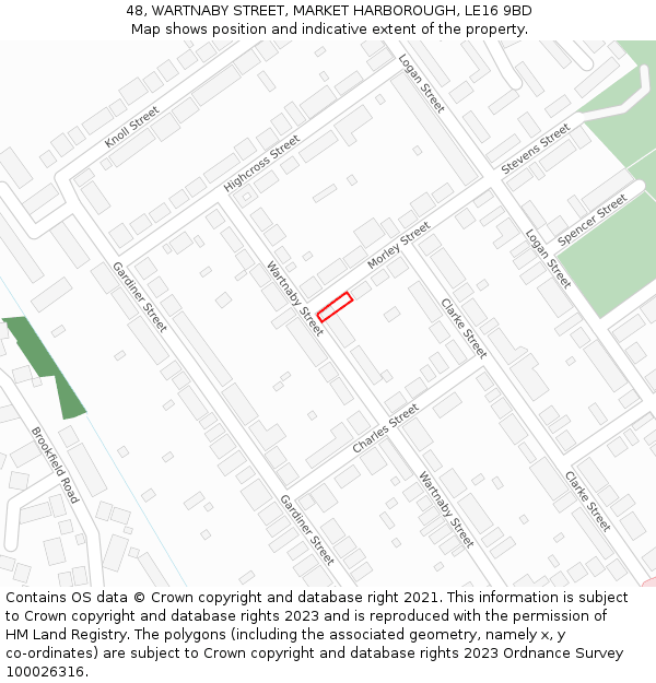 48, WARTNABY STREET, MARKET HARBOROUGH, LE16 9BD: Location map and indicative extent of plot
