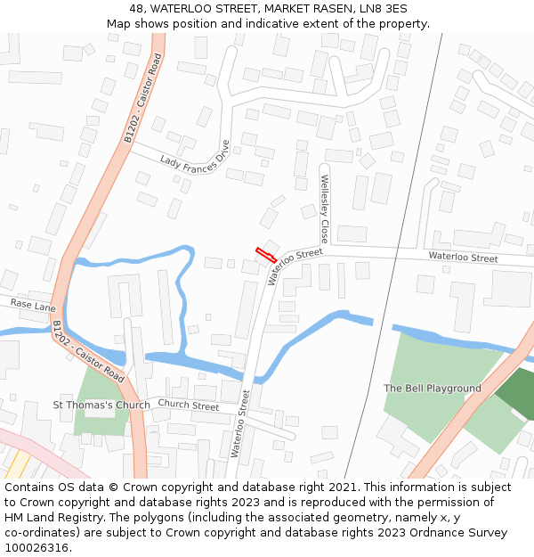 48, WATERLOO STREET, MARKET RASEN, LN8 3ES: Location map and indicative extent of plot