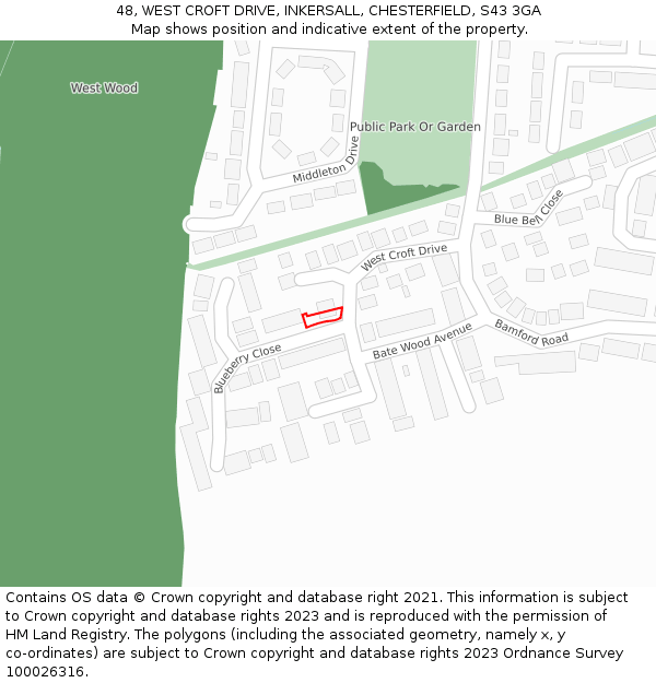 48, WEST CROFT DRIVE, INKERSALL, CHESTERFIELD, S43 3GA: Location map and indicative extent of plot
