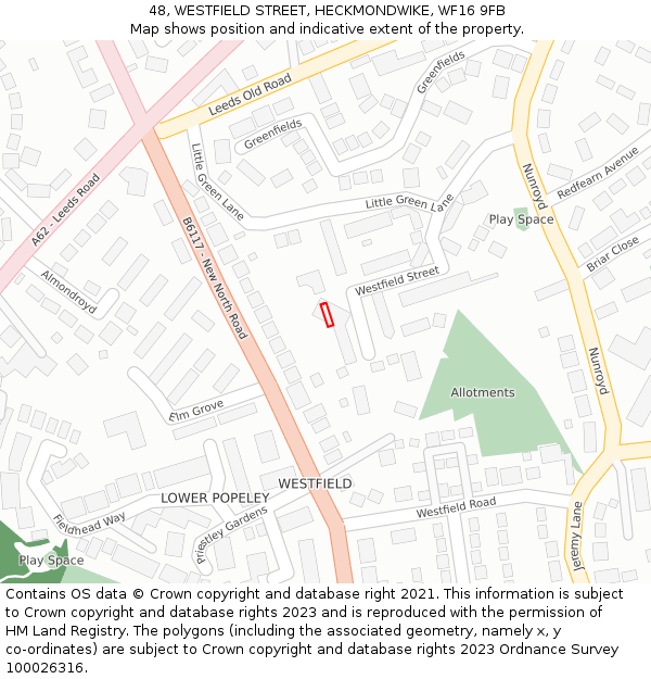 48, WESTFIELD STREET, HECKMONDWIKE, WF16 9FB: Location map and indicative extent of plot