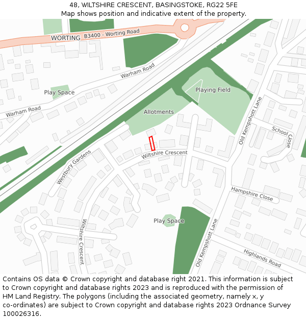 48, WILTSHIRE CRESCENT, BASINGSTOKE, RG22 5FE: Location map and indicative extent of plot