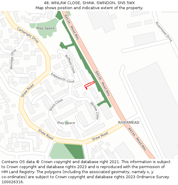 48, WINLAW CLOSE, SHAW, SWINDON, SN5 5WX: Location map and indicative extent of plot