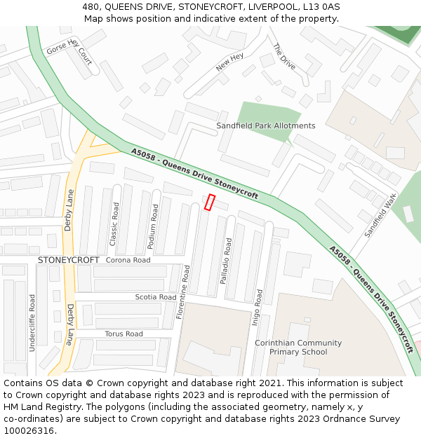 480, QUEENS DRIVE, STONEYCROFT, LIVERPOOL, L13 0AS: Location map and indicative extent of plot