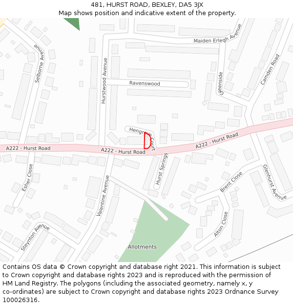 481, HURST ROAD, BEXLEY, DA5 3JX: Location map and indicative extent of plot