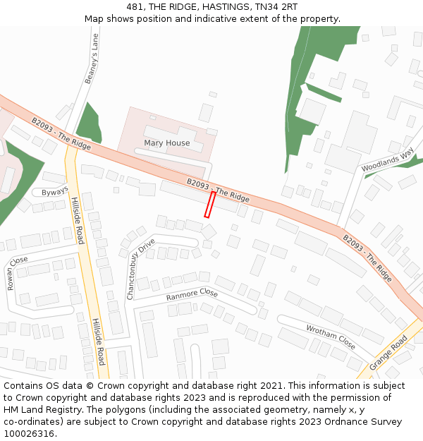 481, THE RIDGE, HASTINGS, TN34 2RT: Location map and indicative extent of plot