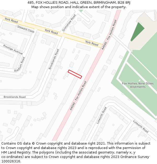 485, FOX HOLLIES ROAD, HALL GREEN, BIRMINGHAM, B28 8RJ: Location map and indicative extent of plot
