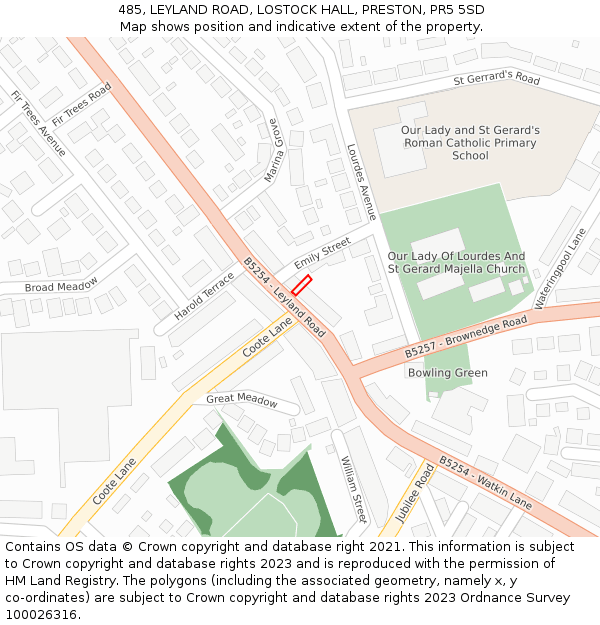 485, LEYLAND ROAD, LOSTOCK HALL, PRESTON, PR5 5SD: Location map and indicative extent of plot